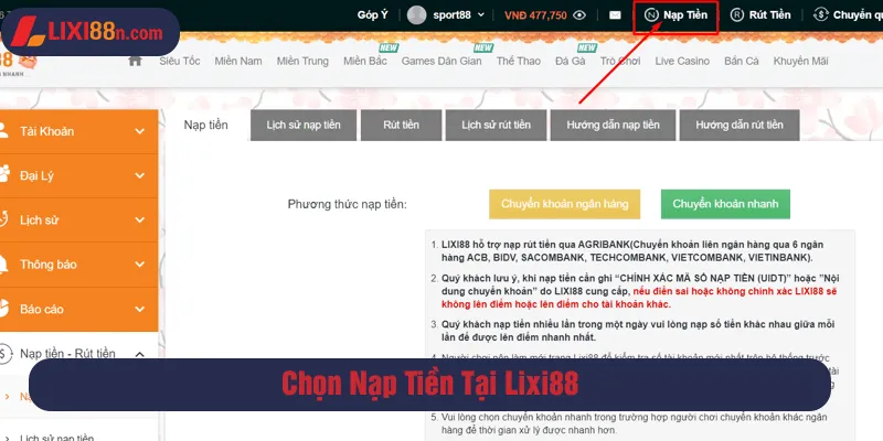 Chọn nạp tiền tại Lixi88