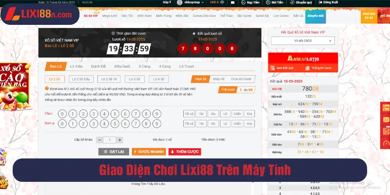 Giao diện chơi Lixi88 trên máy tính