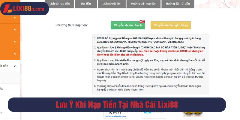 Lưu ý khi nạp tiền tại nhà cái Lixi88